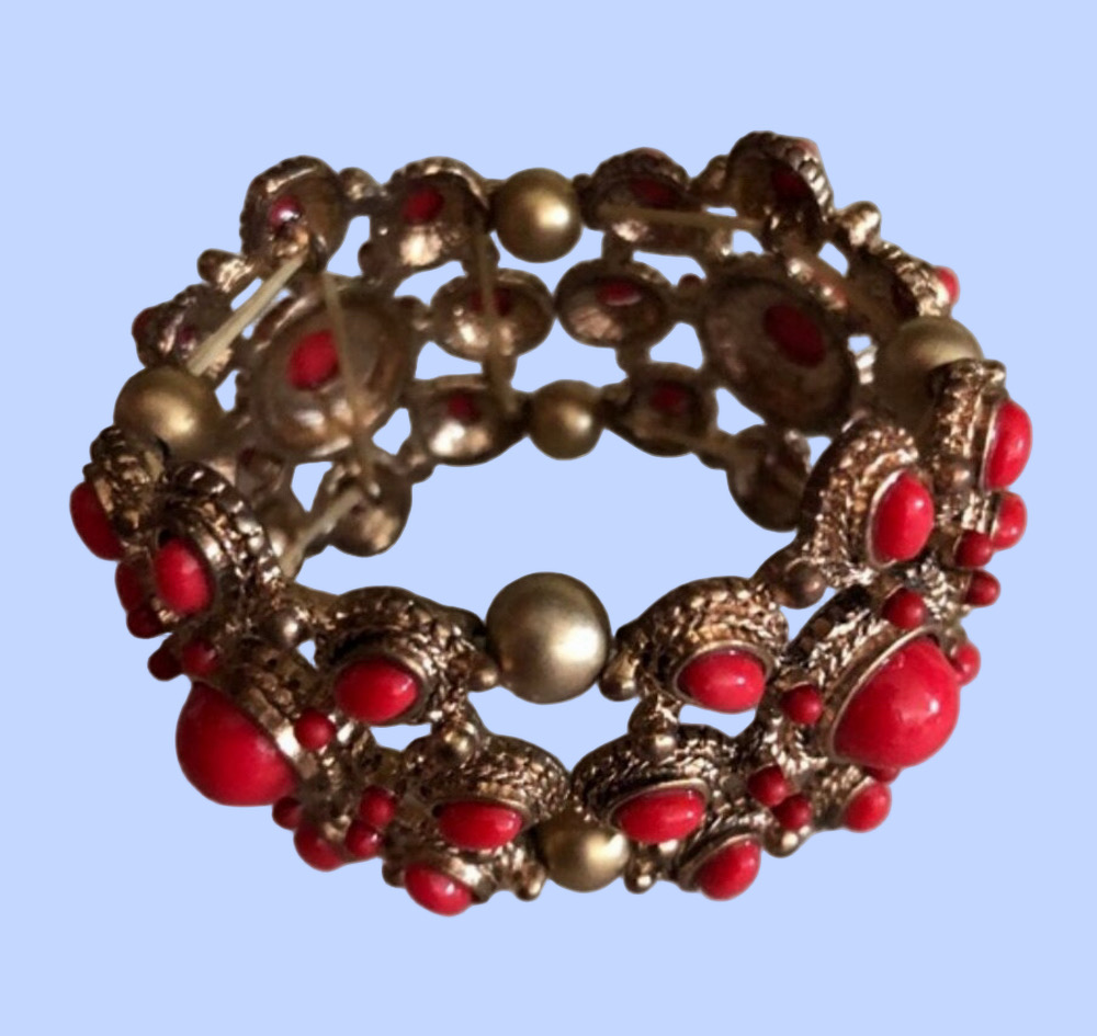 Red Coral Beaded Gold Tone Stretch Bracelet
